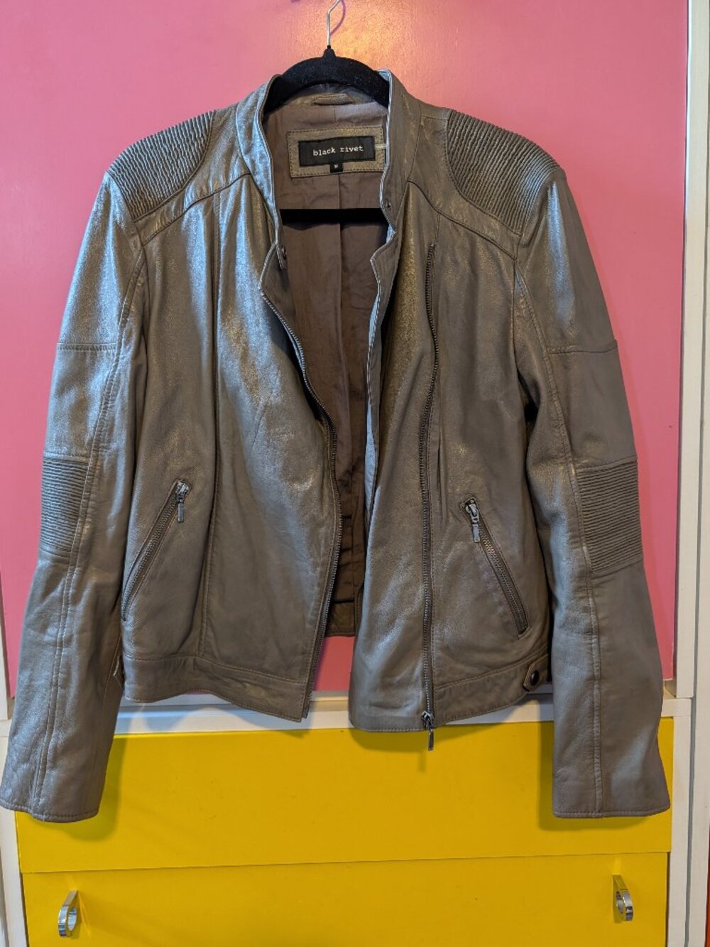 Black Rivet Genuine Leather Moto Jacket Distressed Gray Size Medium